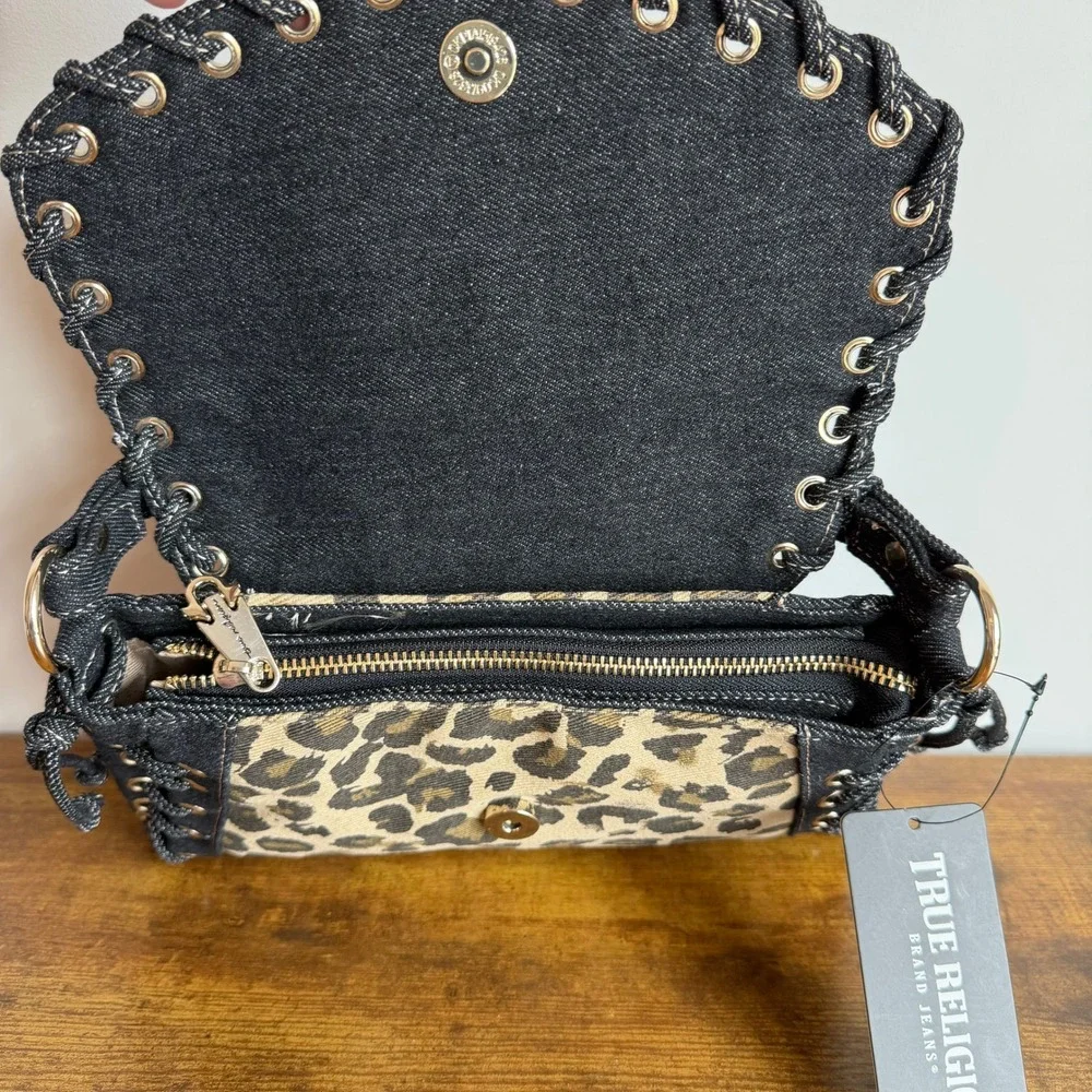 New True Religion Black Denim Leopard Shoulder Handbag Western Horseshoe Cute